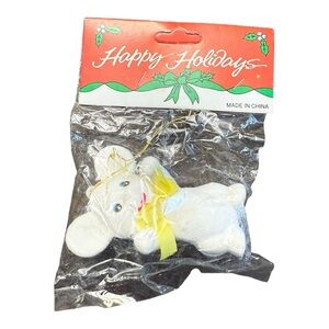 Vintage 1980s Happy Holidays White Mouse Christmas Ornament with Yellow Bow NWT